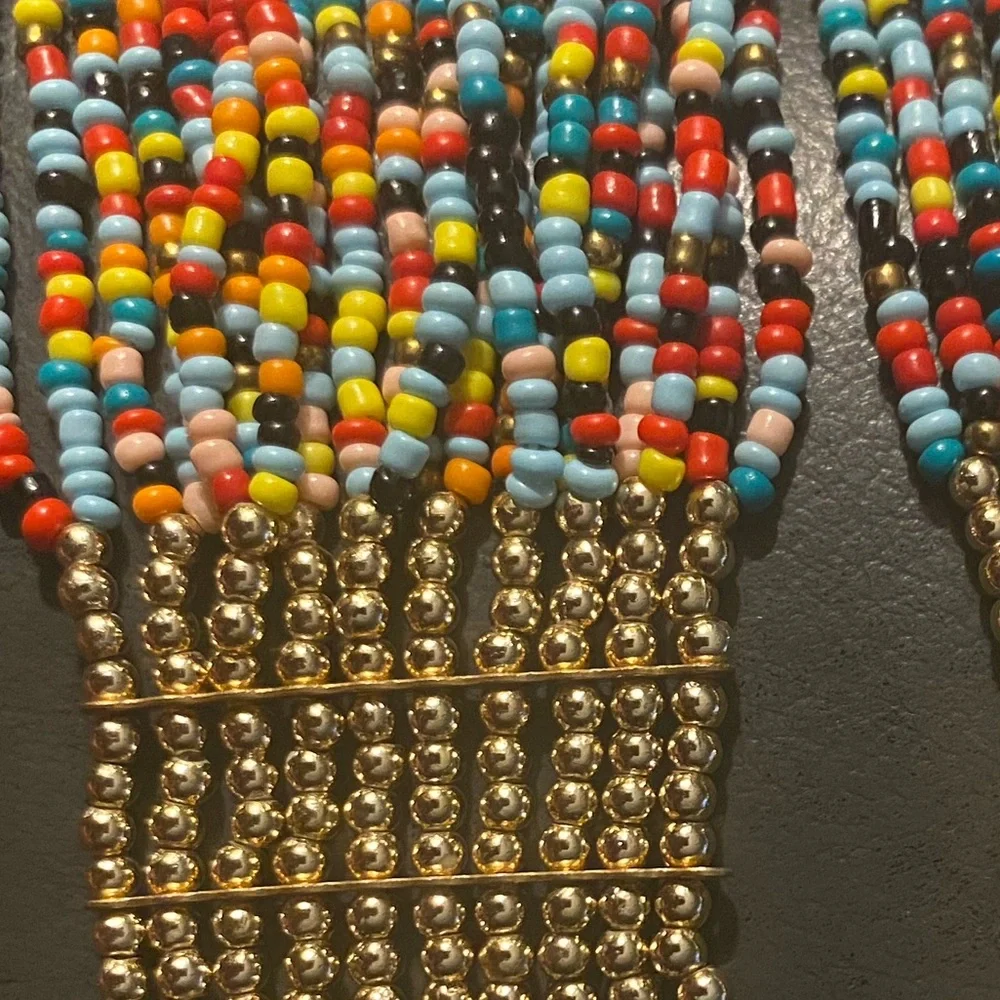 Beautiful Multicolored & Gold 20 Strand Seed Bead Statement Necklace 27”